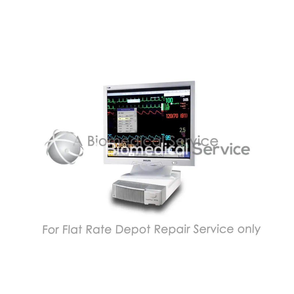Silver Philips IntelliVue MP90 bedside patient monitor with white base unit displaying medical vital signs for repair service