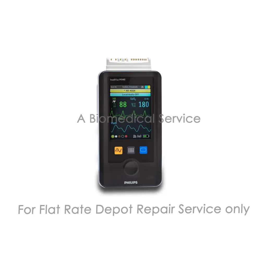 Black philips intellivue mx40 patient monitor with touchscreen displaying vital signs for medical equipment repair service