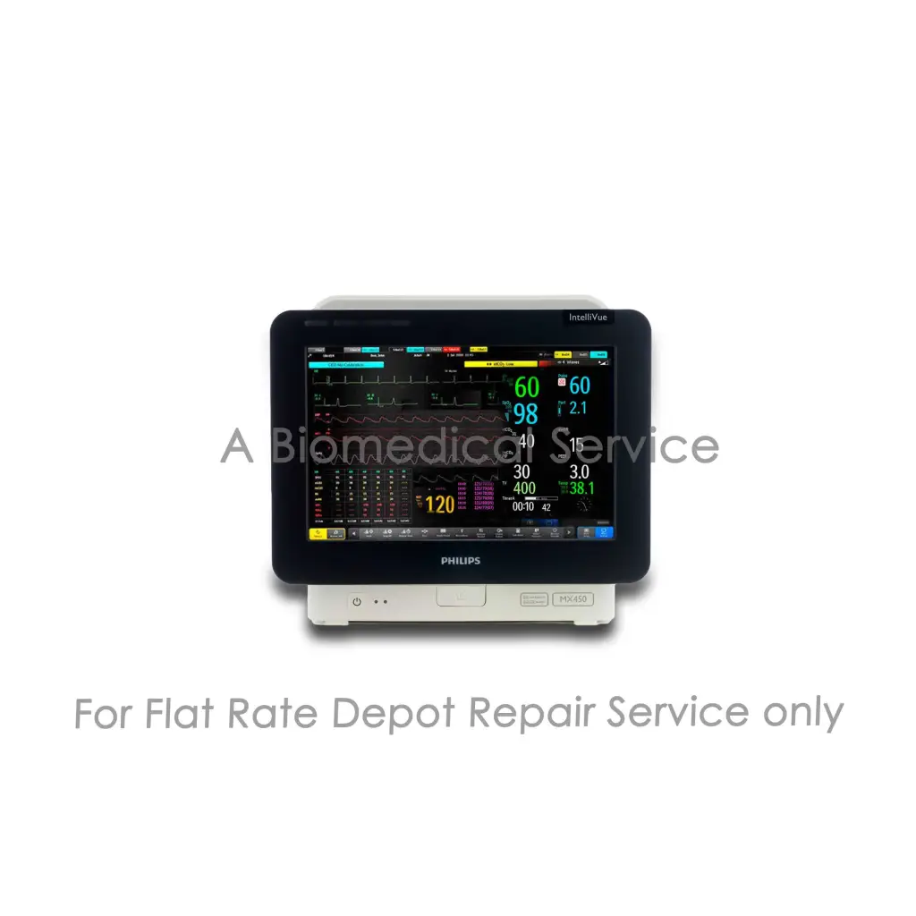 Black and white philips intellivue mx450 patient monitor displaying colorful vital signs for medical equipment repair service