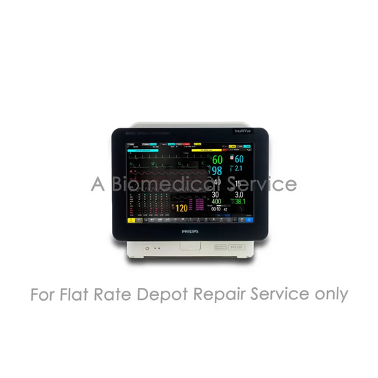 Black and white philips intellivue mx450 patient monitor displaying colorful vital signs for medical equipment repair service