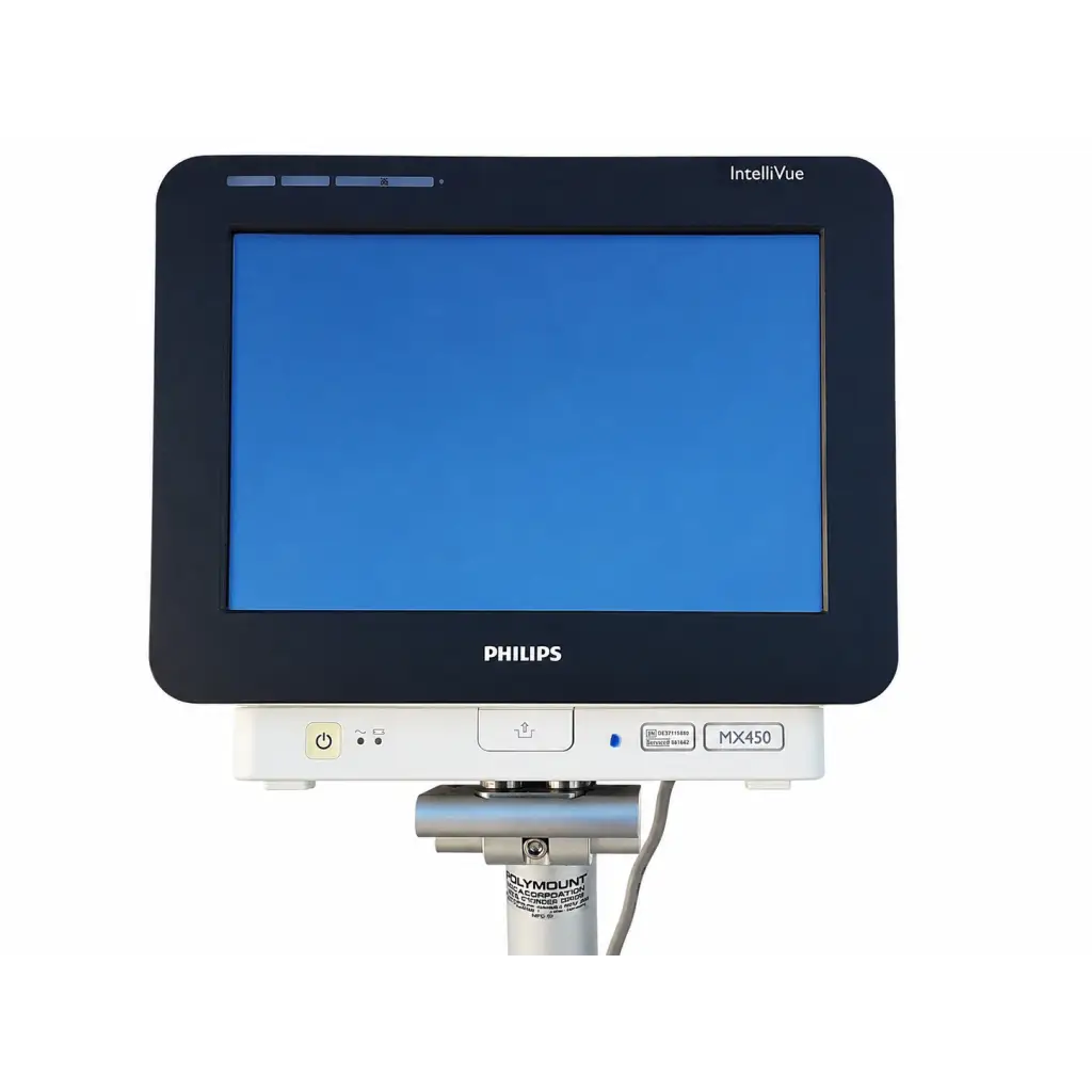 Philips intellivue mx450 patient monitor with blue screen on mobile stand biomed certified for medical use
