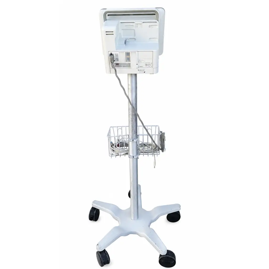 White philips intellivue mx450 patient monitor cart with metal frame, wire basket, black caster wheels biomed certified