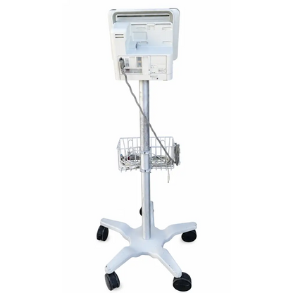 White philips intellivue mx450 patient monitor cart with metal frame, wire basket, black caster wheels biomed certified
