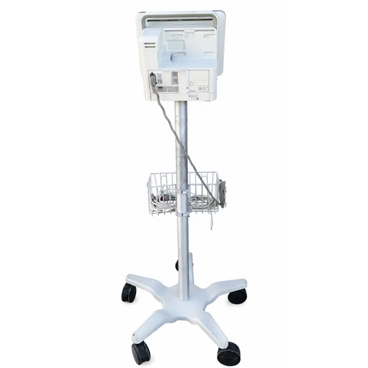 White philips intellivue mx450 patient monitor cart with metal frame, wire basket, black caster wheels biomed certified