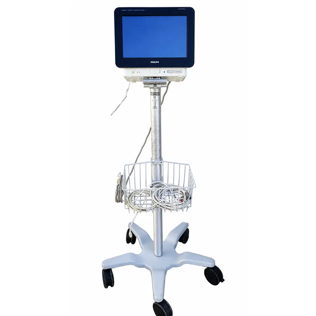 Silver philips intellivue mx450 biomed certified patient monitor mounted on a mobile cart with wire basket and black wheels