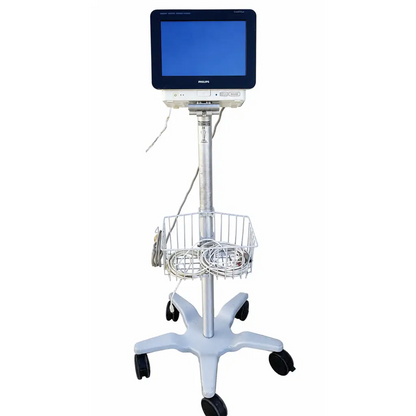Silver philips intellivue mx450 biomed certified patient monitor mounted on a mobile cart with wire basket and black wheels