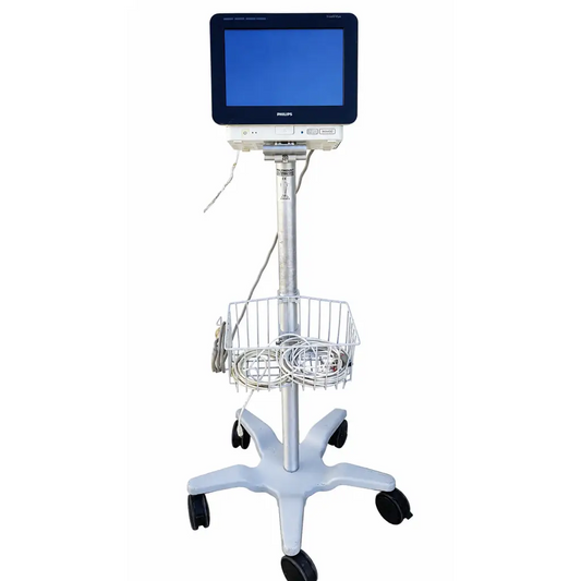 Silver philips intellivue mx450 biomed certified patient monitor mounted on a mobile cart with wire basket and black wheels
