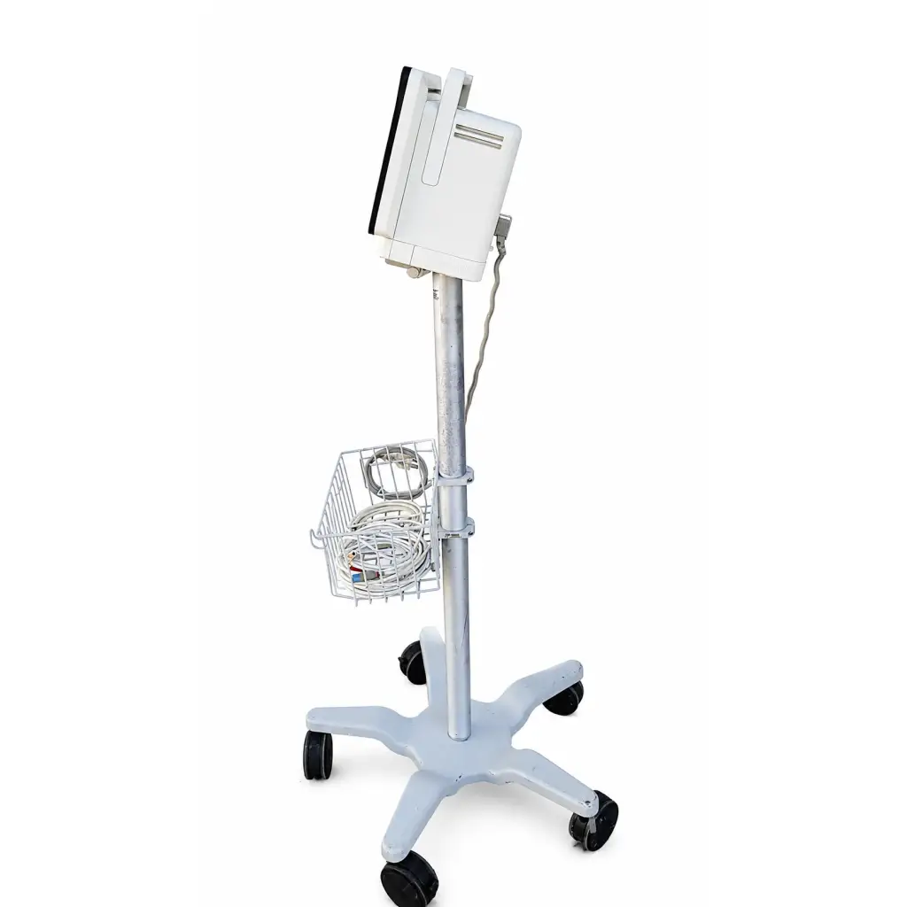 White philips intellivue mx450 patient monitor on silver adjustable mobile stand with wire basket biomed certified