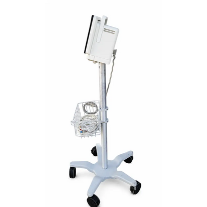 White philips intellivue mx450 patient monitor on silver adjustable mobile stand with wire basket biomed certified