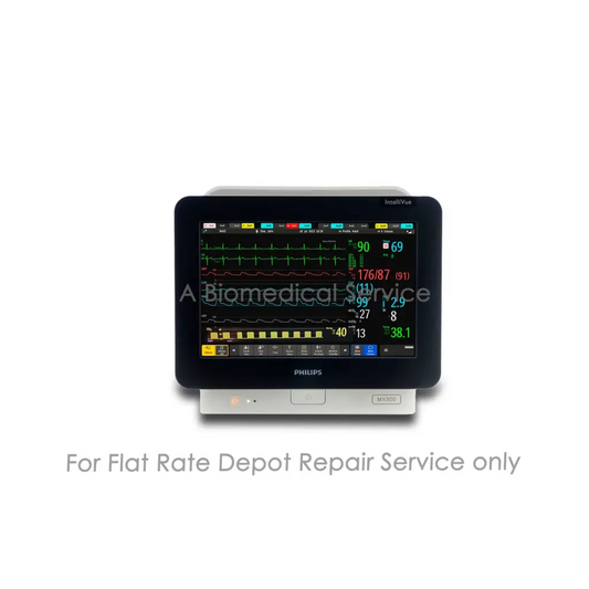Philips intellivue mx500 medical equipment with black bezel silver base displaying vital signs for repair service