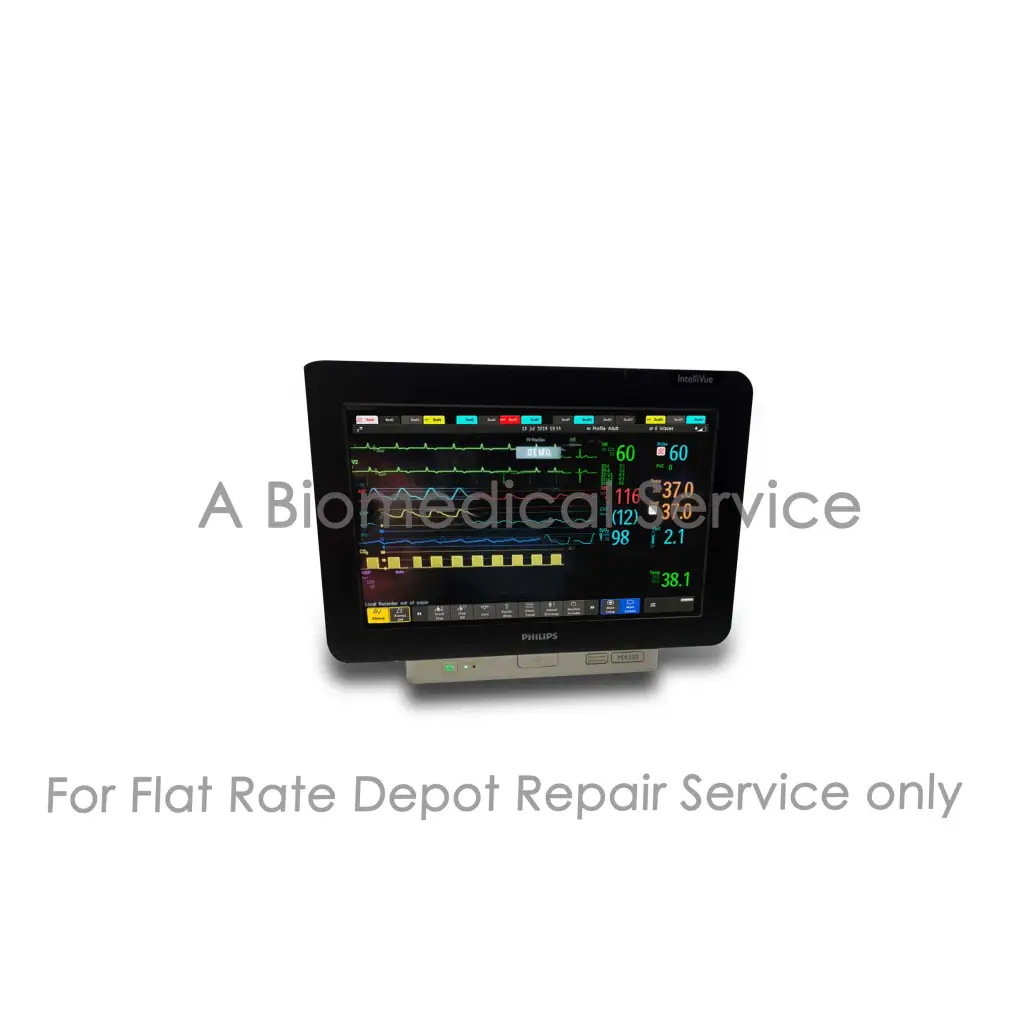 Black philips intellivue mx550 patient monitor displaying colorful vital signs screen for medical equipment repair service