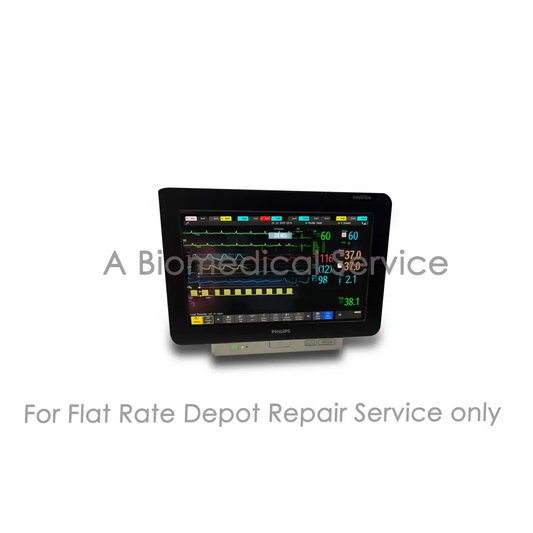 Black philips intellivue mx550 patient monitor displaying colorful vital signs screen for medical equipment repair service