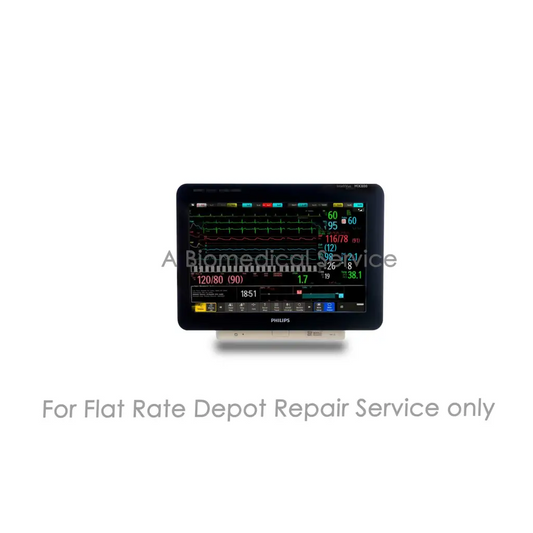 Black Philips MX600 monitor displaying colorful medical waveforms for Philips IntelliVue MX800 patient monitor repair service