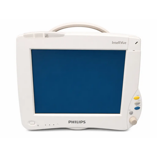 White philips intellivue patient monitor with blue screen and control buttons on right side for flat-rate repair service
