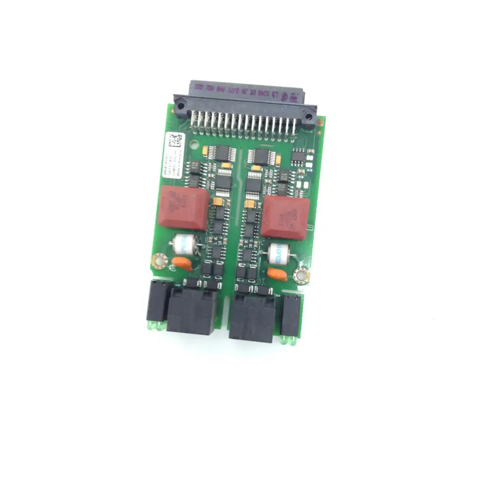 Green printed circuit board with black connectors red capacitors and gray header for philips intellivue rs232 biomedical service replacement parts