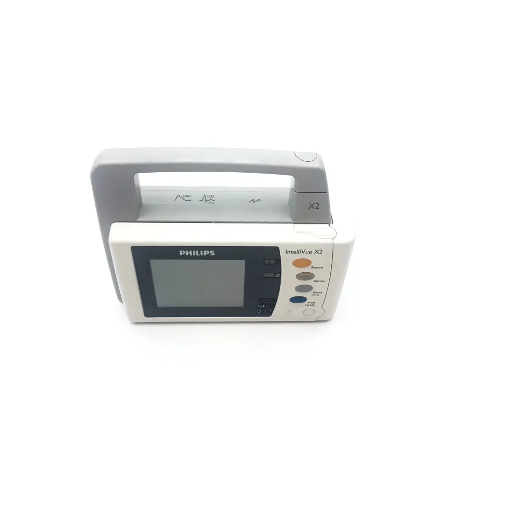 Philips Intellivue X2 monitor ECG spo2 NIBP temp with white gray casing and central screen surrounded by colored buttons
