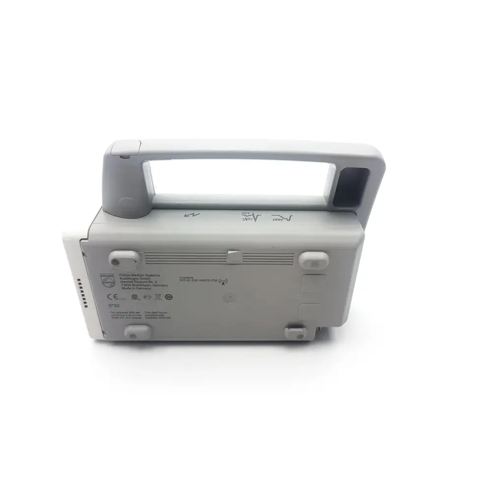 Gray plastic philips heartstart fr30 defibrillator with handle and ventilation slots for monitor ecg spo2 nibp use