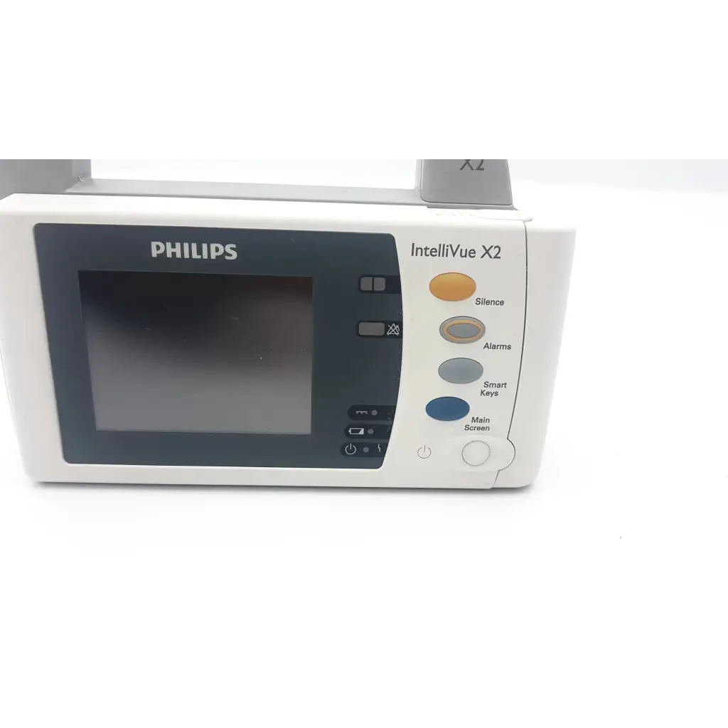 White Philips Intellivue X2 monitor ECG spo2 NIBP temp with black screen and color-coded buttons for vital signs monitoring