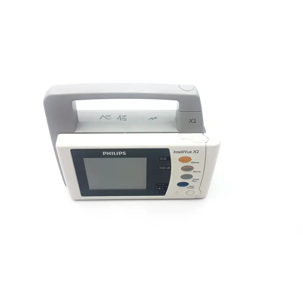 White philips intellivue x2 monitor with touchscreen and color-coded buttons for ecg spo2 nibp temp monitoring