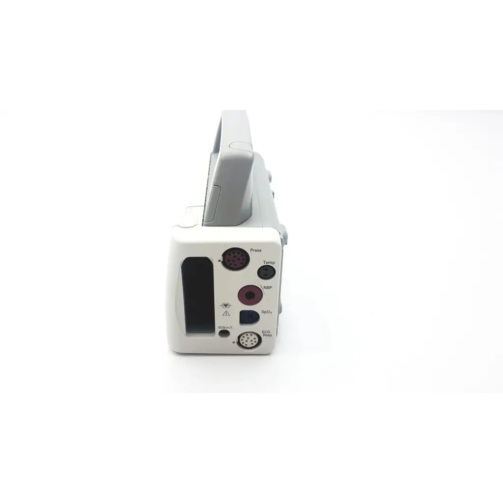 Gray and white philips intellivue x2 monitor ecg spo2 nibp temp with multiple labeled input ports on back side