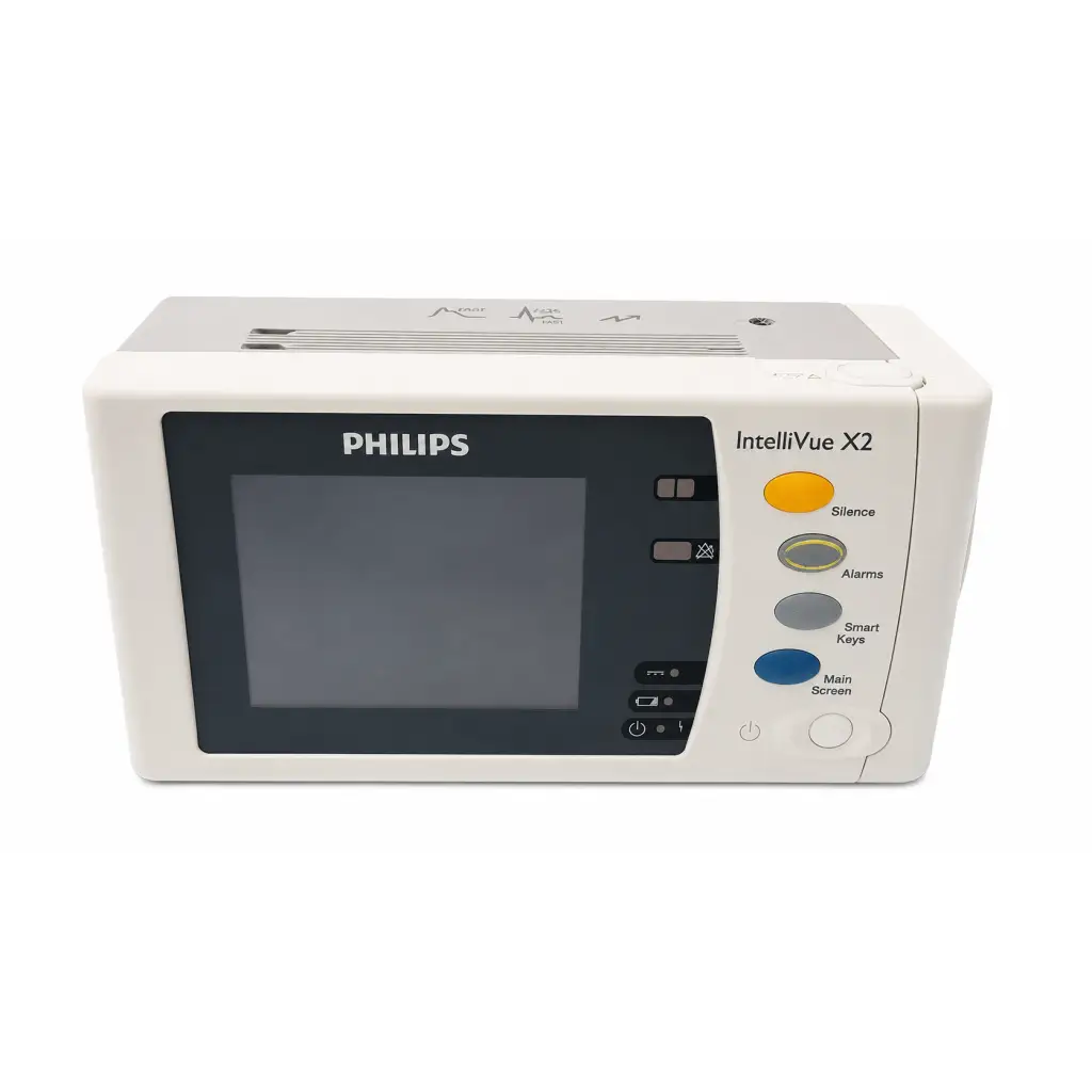 Philips intellivue x2 patient monitor in white with black touchscreen and color-coded buttons biomed certified