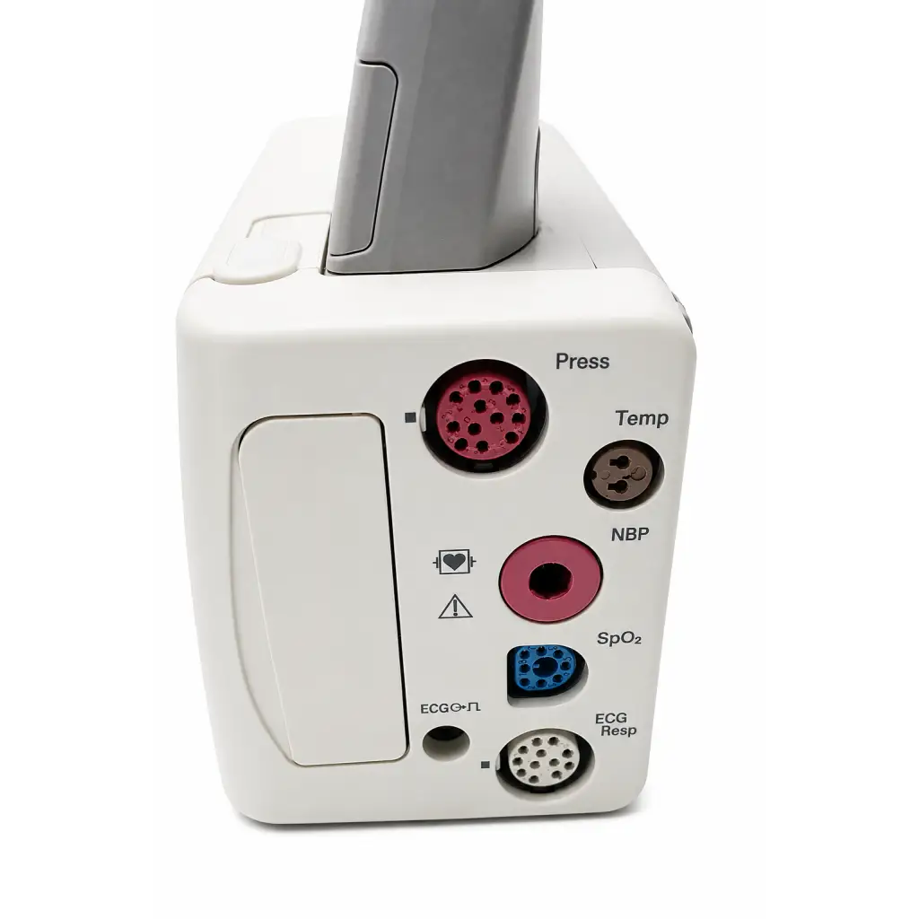 Philips intellivue x2 patient monitor with white body gray handle and colored ports for blood pressure and oxygen saturation