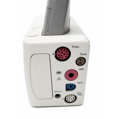 Philips intellivue x2 patient monitor with white body gray handle and colored ports for blood pressure and oxygen saturation