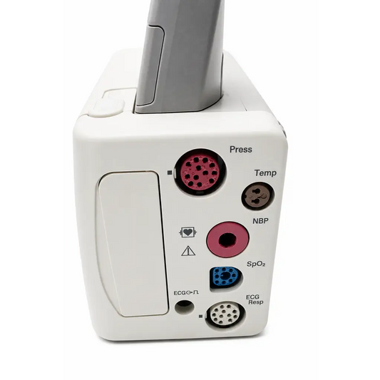 Philips intellivue x2 patient monitor with white body gray handle and colored ports for blood pressure and oxygen saturation