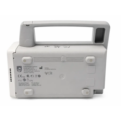 Gray philips intellivue x2 patient monitor with handle and ventilation slots on the back biomed certified medical device