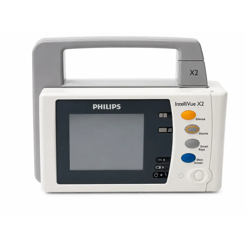 Philips intellivue x2 patient monitor in white and gray with touchscreen and color-coded buttons for alarms and silence