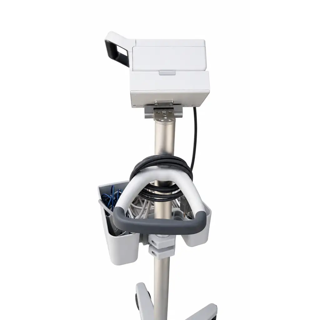 White philips intellivue x3 patient monitor cart with mounted monitor and integrated cable management system