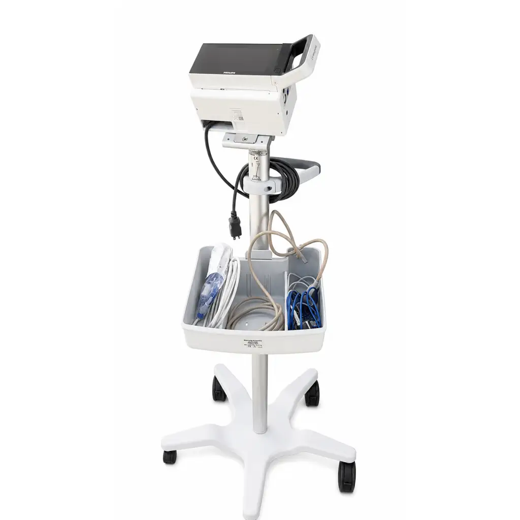 White medical cart with philips intellivue x3 patient monitor and organized storage for cables and equipment