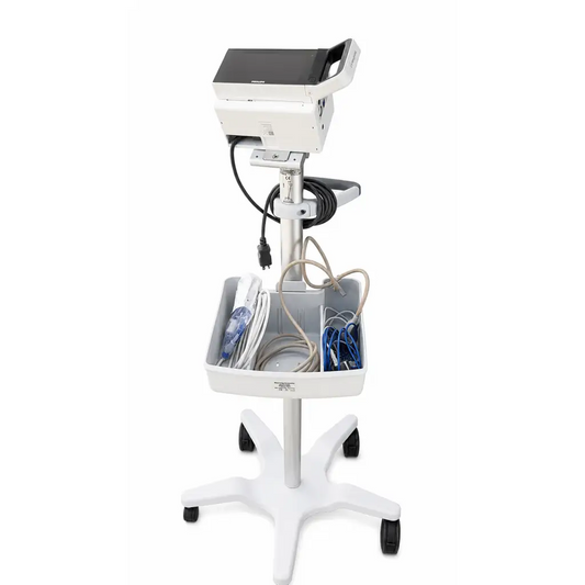 White medical cart with philips intellivue x3 patient monitor and organized storage for cables and equipment