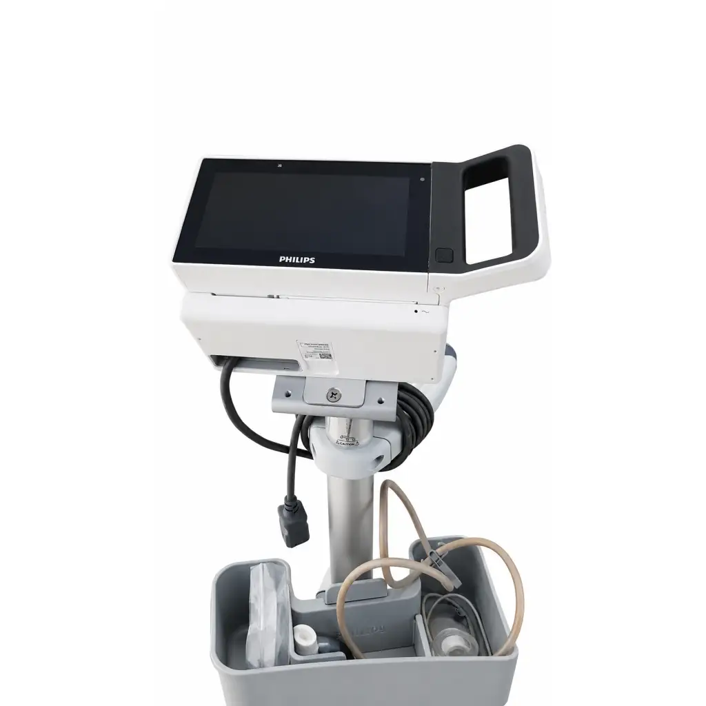 White philips intellivue x3 patient monitor with touchscreen and adjustable arm on mobile stand biomed certified