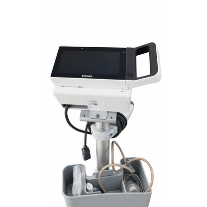 White philips intellivue x3 patient monitor with touchscreen and adjustable arm on mobile stand biomed certified