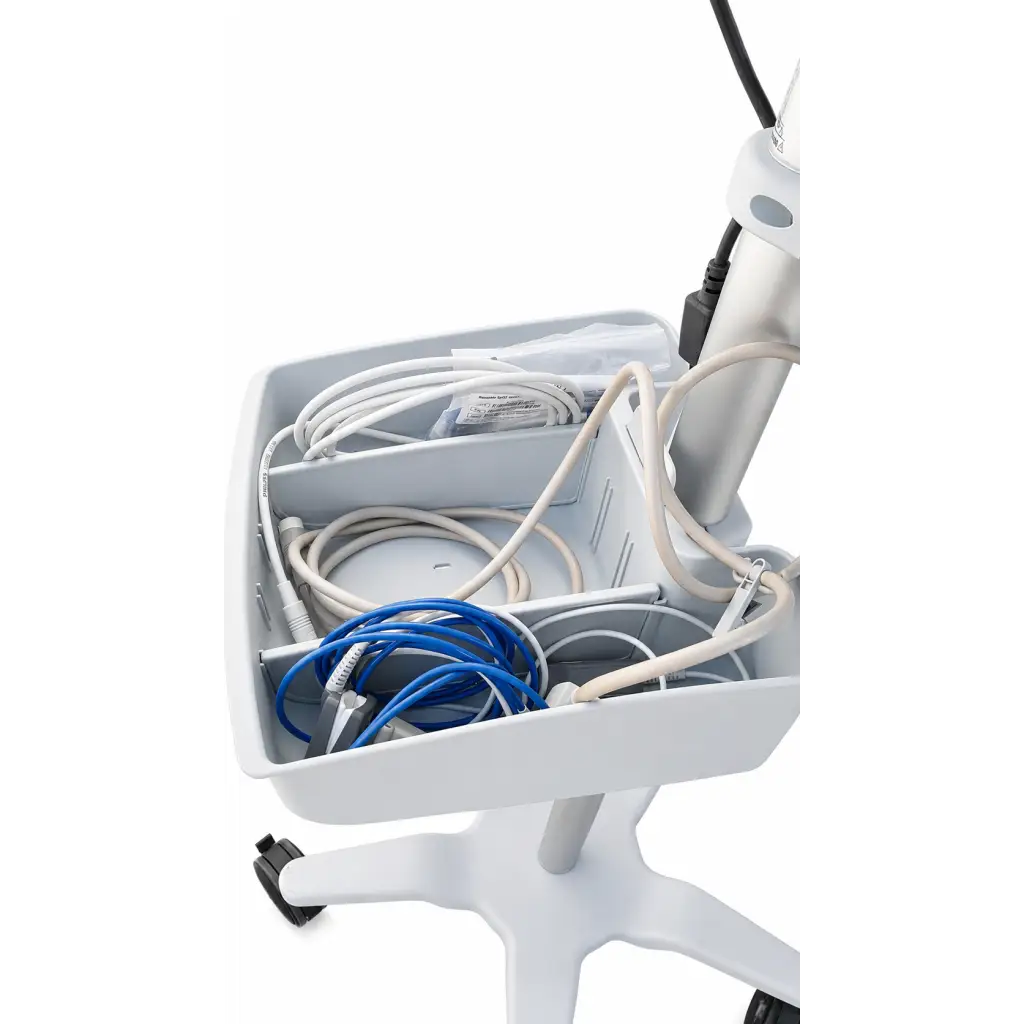 White medical equipment cart with organized compartments holding coiled cables for philips intellivue x3 patient monitor