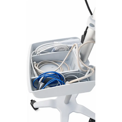 White medical equipment cart with organized compartments holding coiled cables for philips intellivue x3 patient monitor