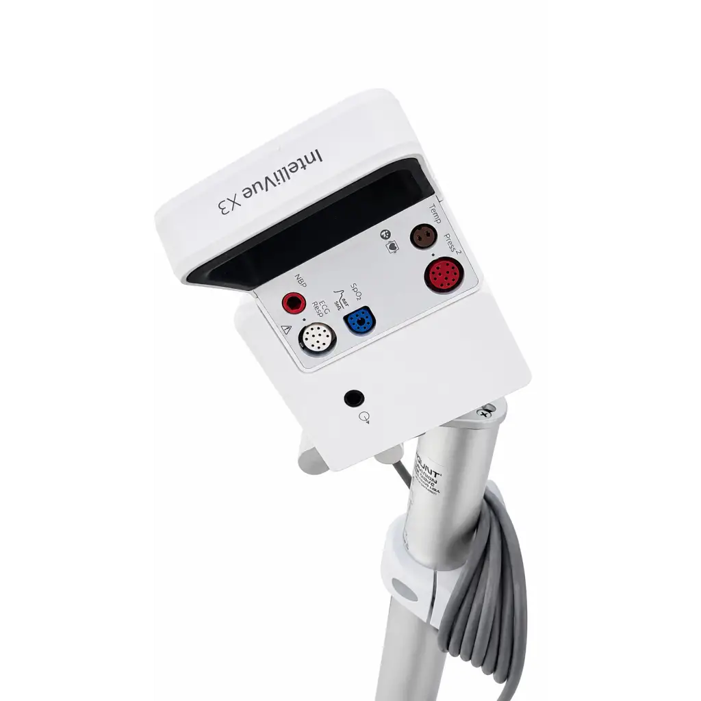 White philips intellivue x3 patient monitor with sleek design, colored ports, and control buttons on mobile stand