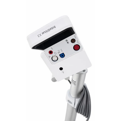 White philips intellivue x3 patient monitor with sleek design, colored ports, and control buttons on mobile stand