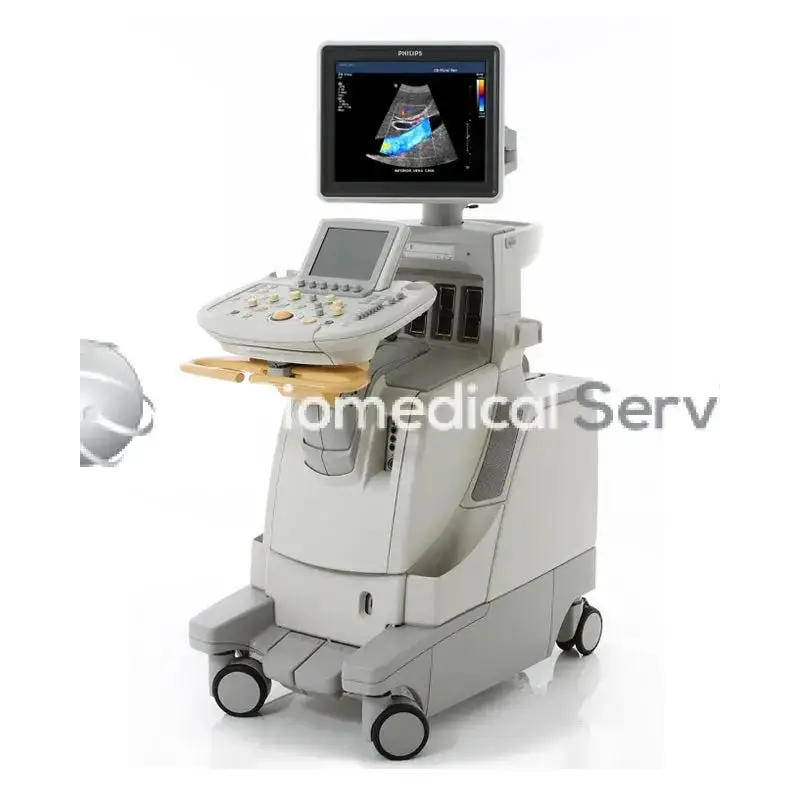 Gray Philips IU22 ultrasound machine with touchscreen display and front control panel for medical imaging use
