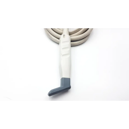 Gray and white philips l15-1io ultrasound transducer with textured grip handle for medical imaging use