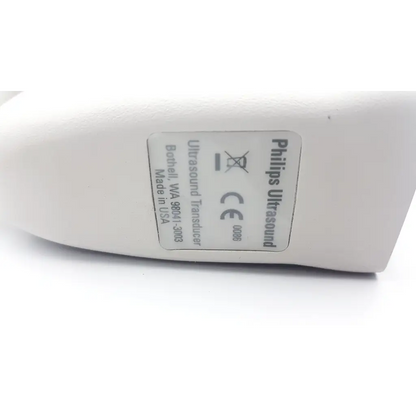 White philips l15-1io ultrasound transducer with smooth rounded body and made in the USA label visible