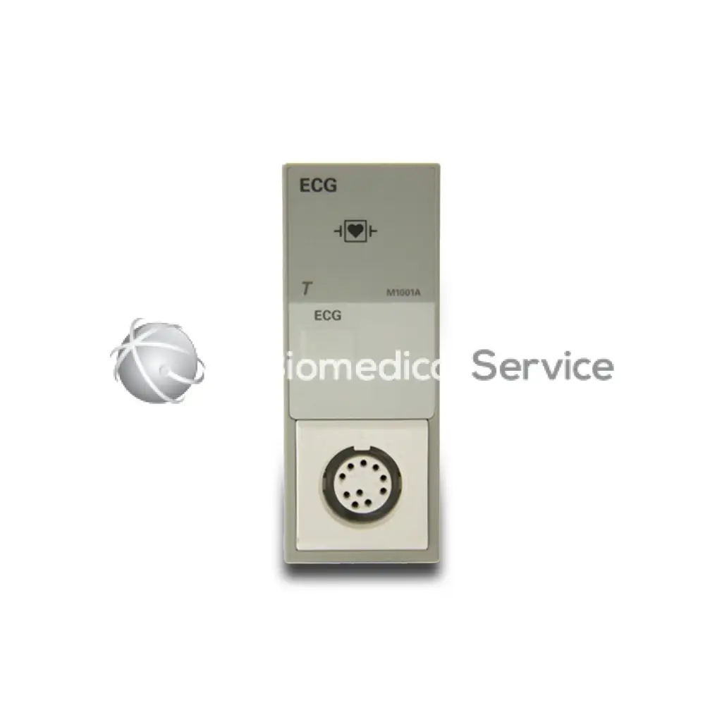 Philips m1001 gray rectangular ecg module with circular port and ecg label on front panel for cardiac monitoring