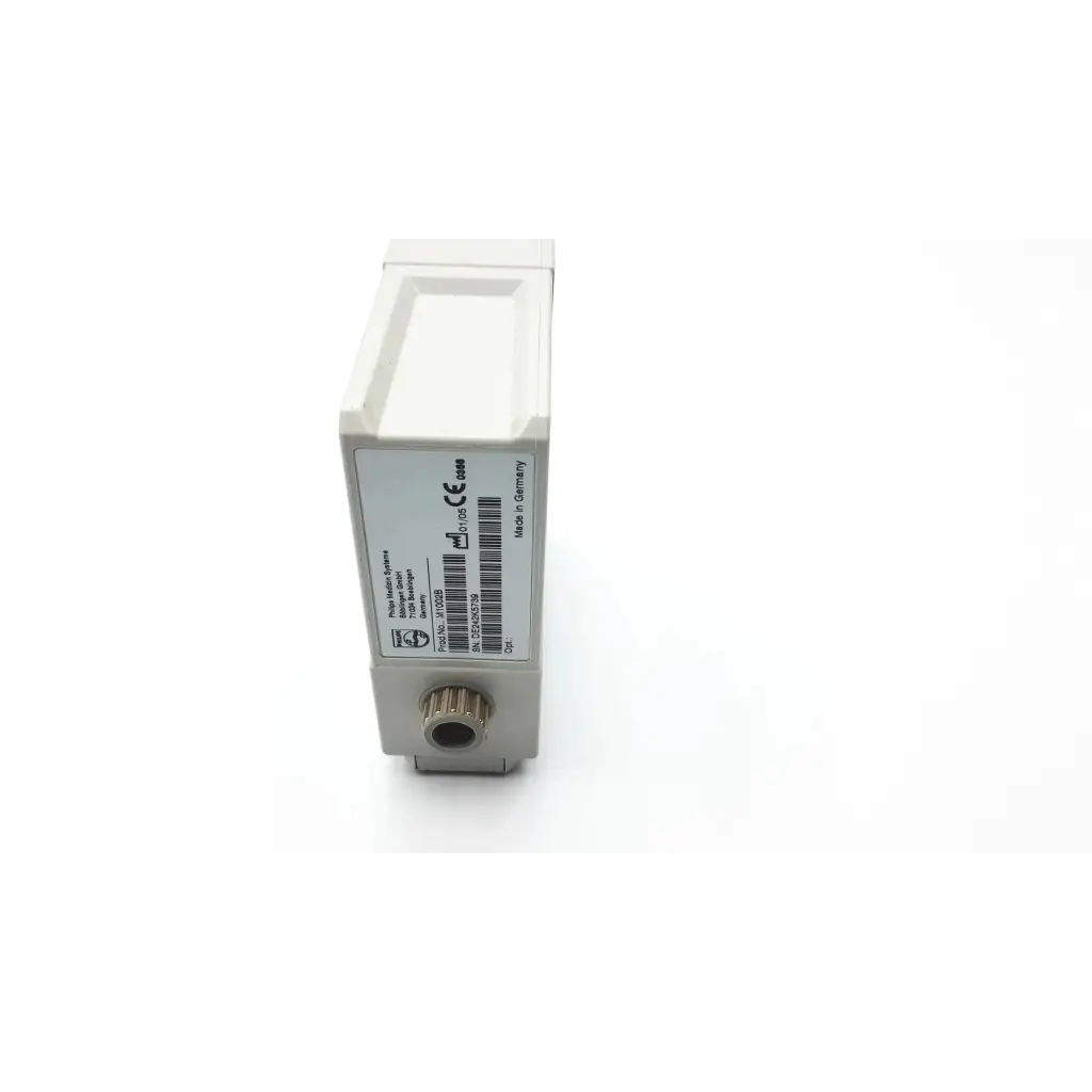 White rectangular philips m1002b ecg respiratory module with metallic threaded port and labeled specifications close-up