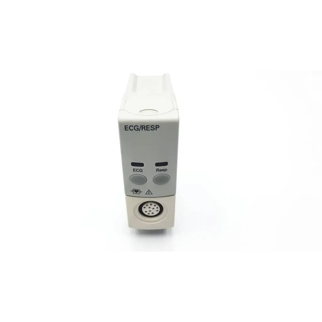 White plastic philips m1002b ecg respiratory module with two labeled buttons and circular port at base