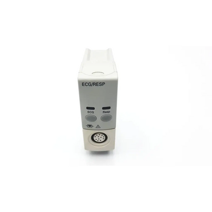 White plastic philips m1002b ecg respiratory module with two labeled buttons and circular port at base