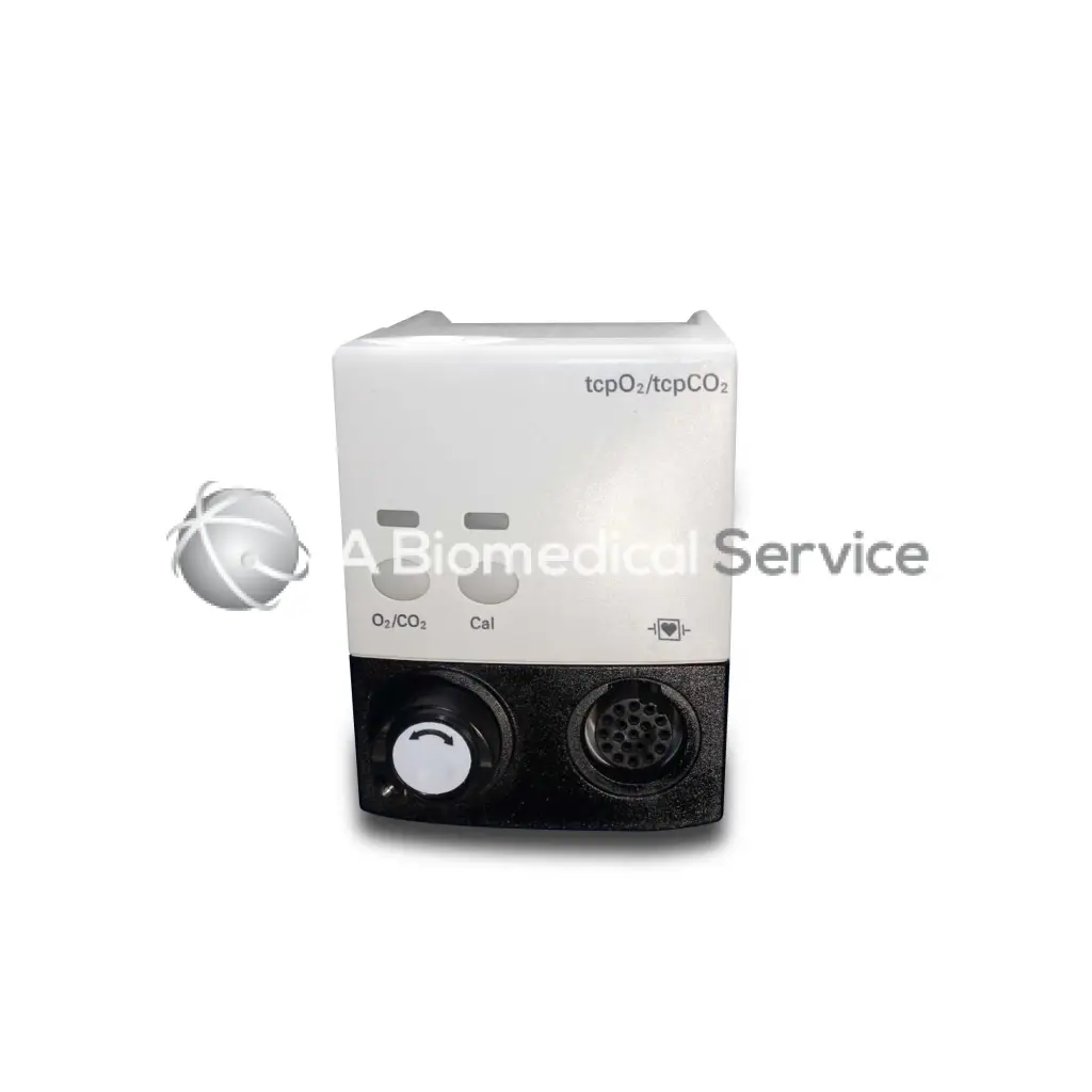 White and black philips m1018a tcpo2tcpco2 module with two circular dials labeled o2/co2 and cal featuring a heart icon