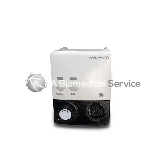 White and black philips m1018a tcpo2tcpco2 module with two circular dials labeled o2/co2 and cal featuring a heart icon