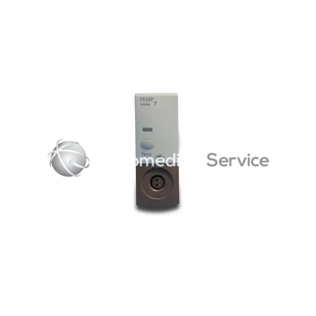 Gray and black rectangular Philips M1029A medical temperature sensor with temp label and circular port at bottom
