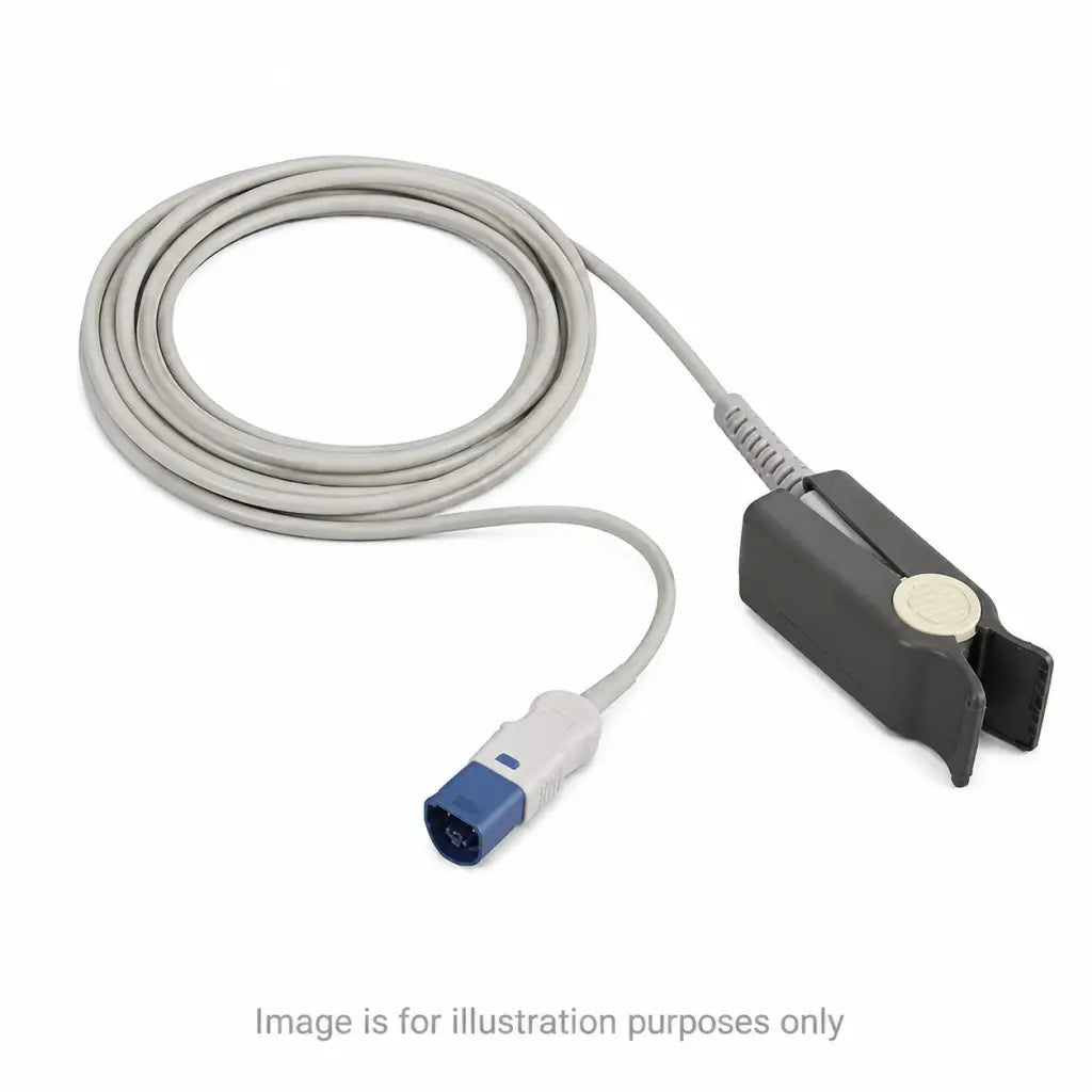 Philips m1196a spo2 adult finger clip sensor set with gray coiled cable blue white connector and black pulse oximeter clip
